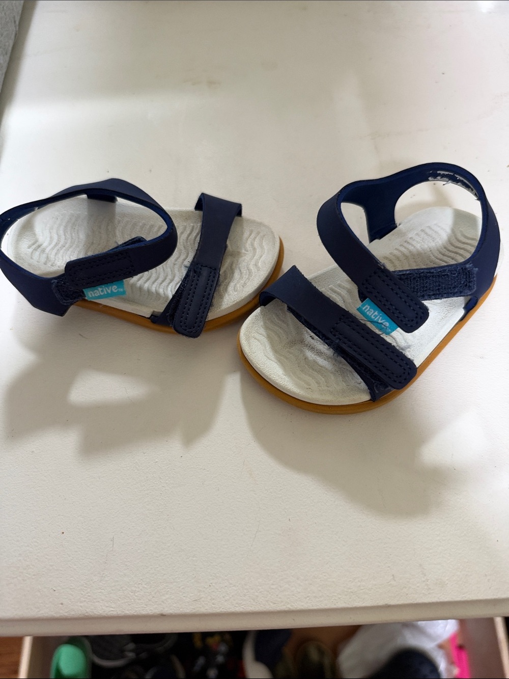 Native Navy Blue and White Kids Sandals with Tan Soles